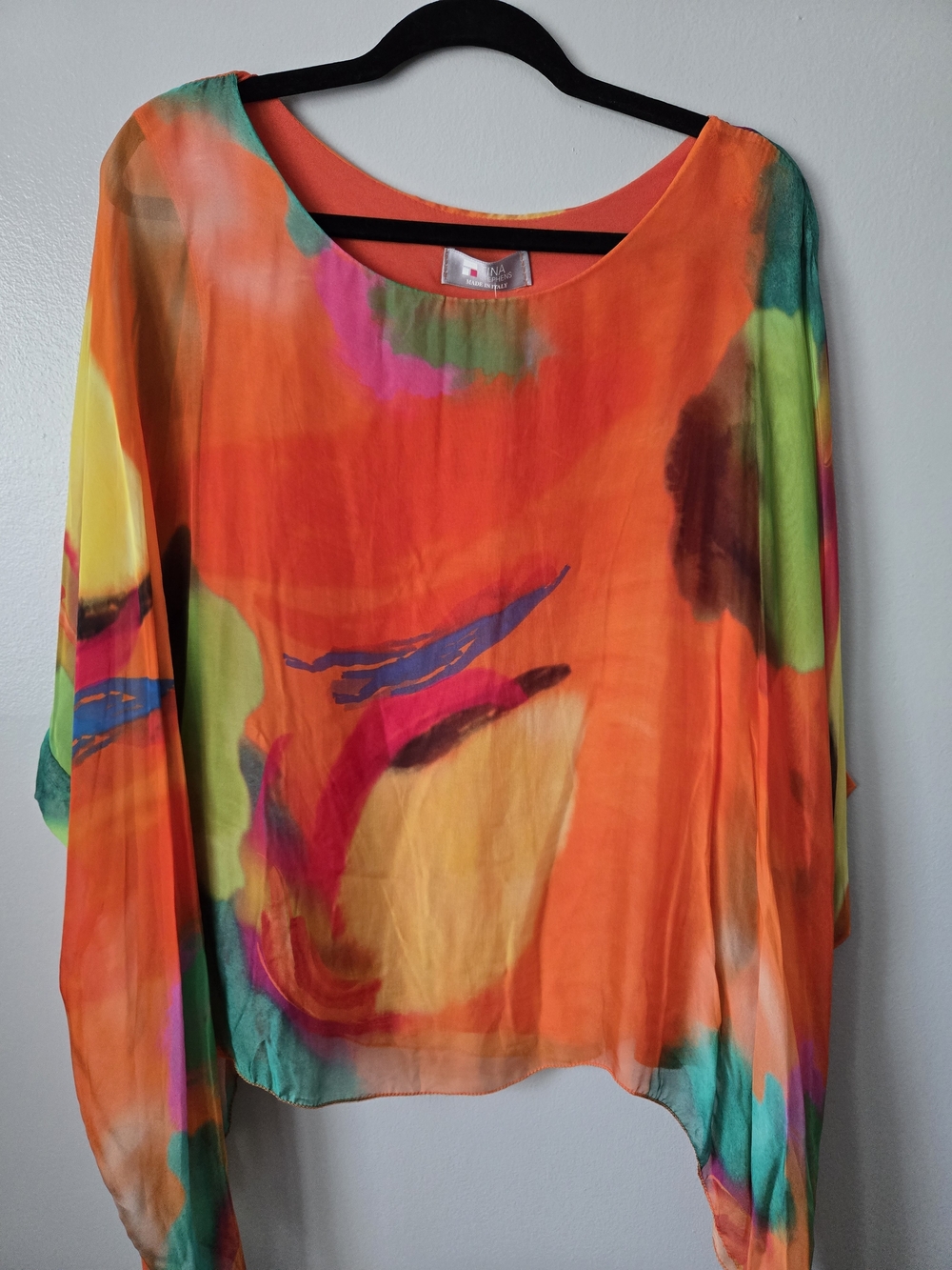 NWT Tina Stephens Italy 100% Silk Vibrant Abstract Kaftan Poncho Top Lined OS - Picture 3 of 7